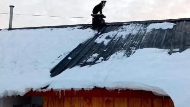 Terri mira a la cámara para la foto, desde el techo tapado de nieve en Caviahue. Foto: Ezequiel Sepúlveda.