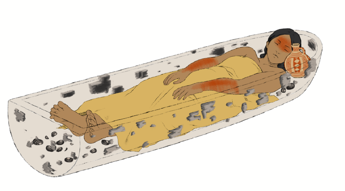 Ilustración del cuerpo enterrado en canoa hace 900 años. Foto: es.gizmodo.com