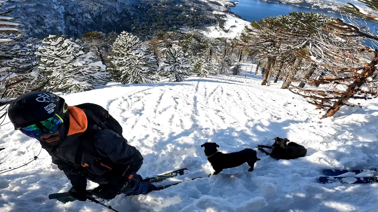 Nico Pollo y sus perros Mambo y Cambá, que lo acompañan a puro ladrido y moviendo la cola, a punto de iniciar el descenso en  el cerro Colorado de la cordillera neuquina.
