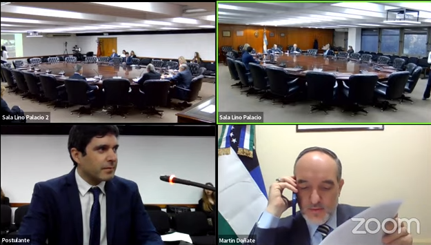 Leandro Gómez Constenla durante la entrevista en el Consejo de la Magistratura, en 2022. En ese entonces el rionegrino Martín Doñate integraba la comisión. Archivo
