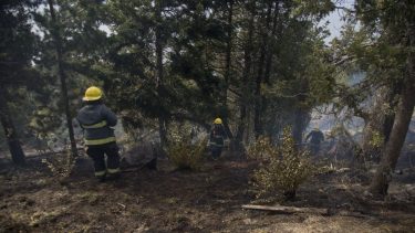 Bomberos voluntarios y brigadistas del Splif trabajaron en el lugar para controlar el incendio que se originó a pocas cuadras del centro de Bariloche. (foto Marcelo Martínez)