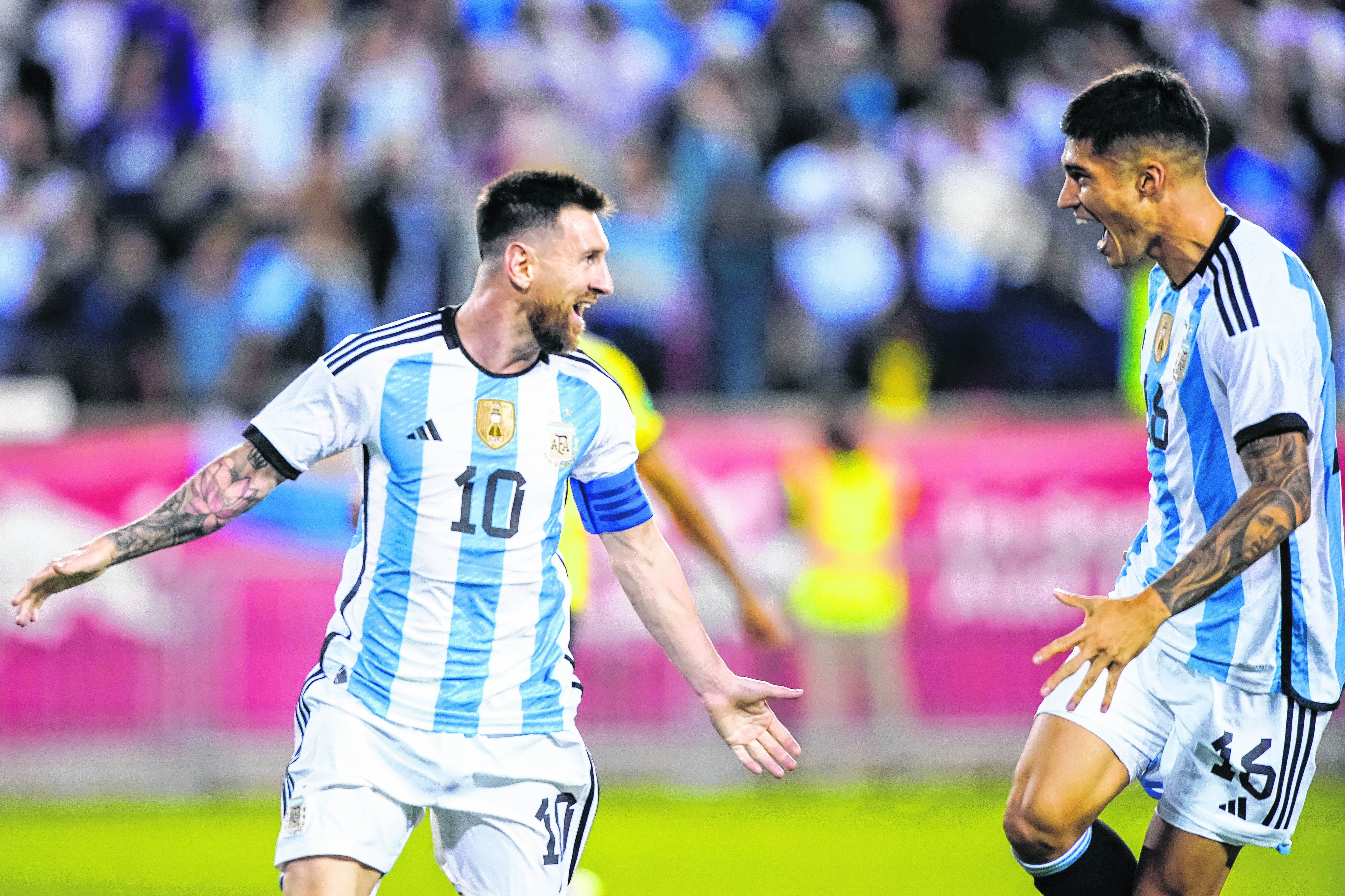 Argentina's player Lionel Messi celebrates his goal during the second half of an international friendly soccer match against Jamaica on Tuesday, Sept. 27, 2022, in Harrison, N.J. (AP Photo/Eduardo Munoz Alvarez)