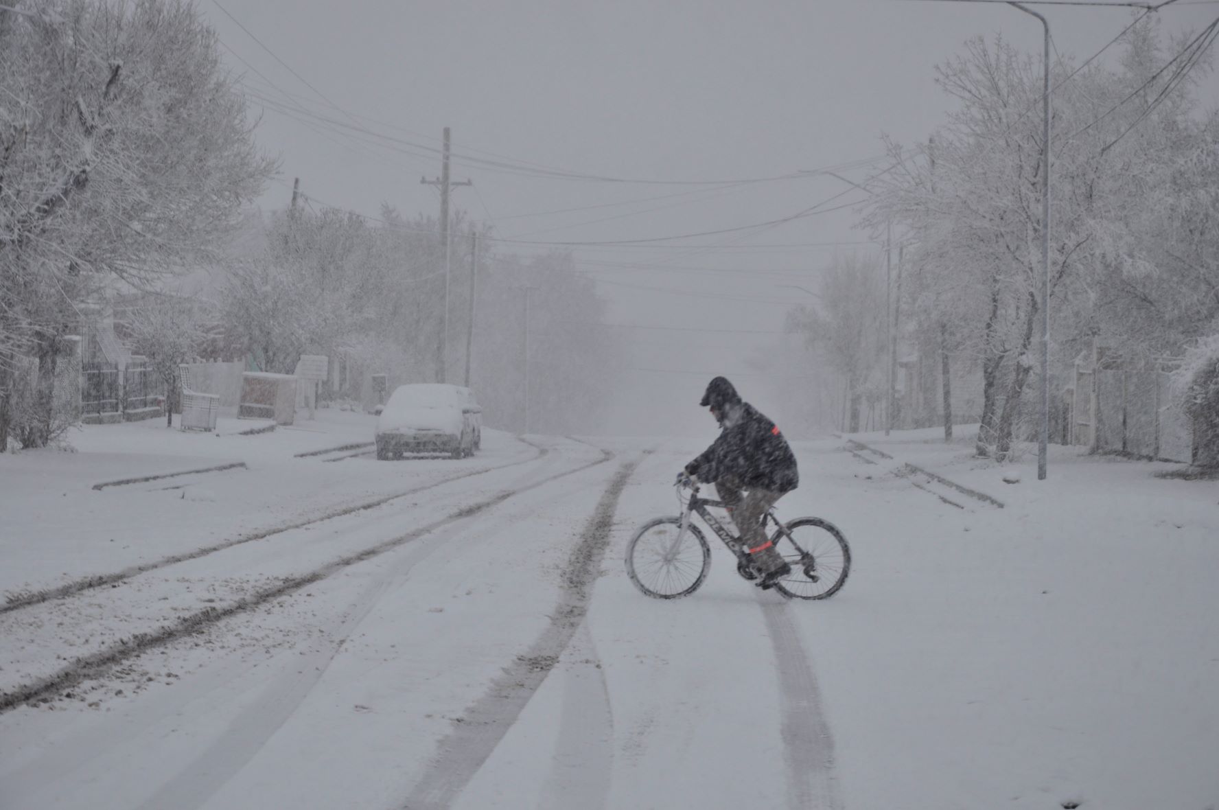 A pesar de la nieve, hay que ir a trabajar. Aunque sea en bicicleta... Foto: José Mellado.