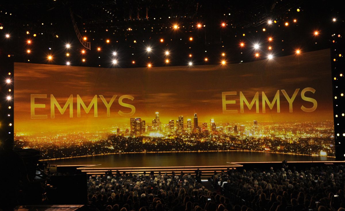 FILE - This Sept. 22, 2019 file photo shows a view of the stage at the 71st Primetime Emmy Awards in Los Angeles. The 74th Primetime Emmy Awards are set for Monday, Sept. 12, at the Microsoft Theatre in Los Angeles. The roughly three-hour ceremony will begin at 8 p.m. EDT and air live on NBC and, for free, on the streaming service Peacock. (Photo by Chris Pizzello/Invision/AP, File)