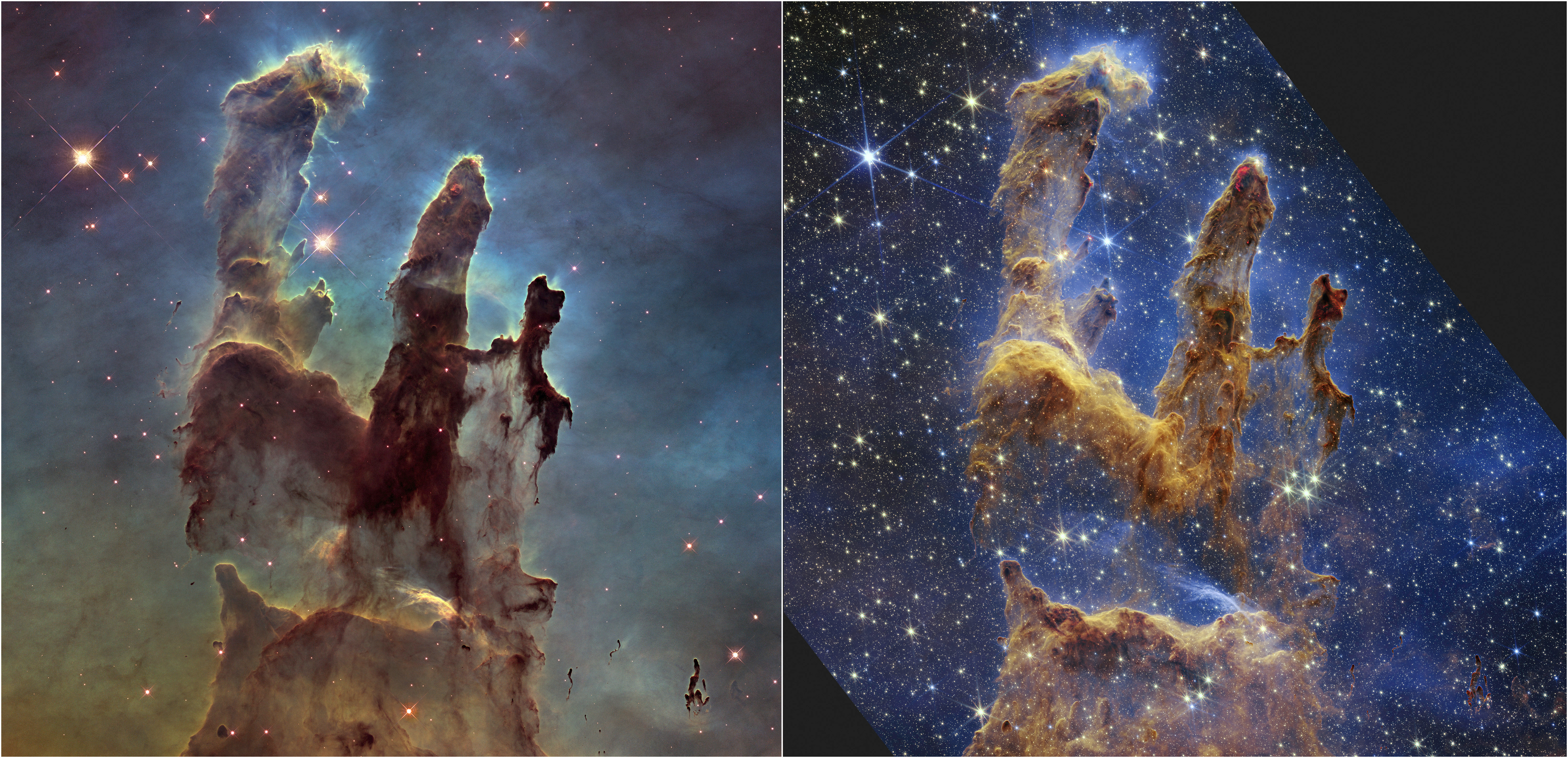 This combination image provided by NASA on Wednesday, Oct. 19, 2022, shows the Pillars of Creation as imaged by NASA's Hubble Space Telescope in 2014, left, and by NASA's James Webb Telescope, right. The new, near-infrared-light view from the James Webb Space Telescope helps us peer through more of the dust in the star-forming region, according to NASA. (NASA, ESA, CSA, STScI via AP)