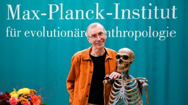 Swedish scientist Svante Paabo poses prior to a news conference at the Max Planck Institute for Evolutionary Anthropology in Leibzig, Germany, Monday, Oct. 3, 2022. Svante Paabo won the Nobel Prize in medicine for his discoveries on human evolution that provided key insights into our immune system and what makes us unique compared with our extinct cousins (AP Photo/Thomas Dietze)