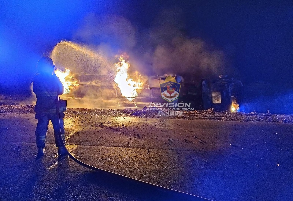 Un camión cisterna se incendió tras volcar cerca de Rincón de los Sauces. Foto: Gentileza.  