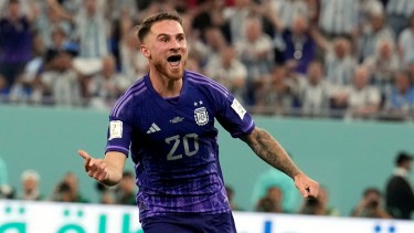 Alexis Mac Allister celebra su gol contra Polonia. (AP Photo/Natacha Pisarenko)