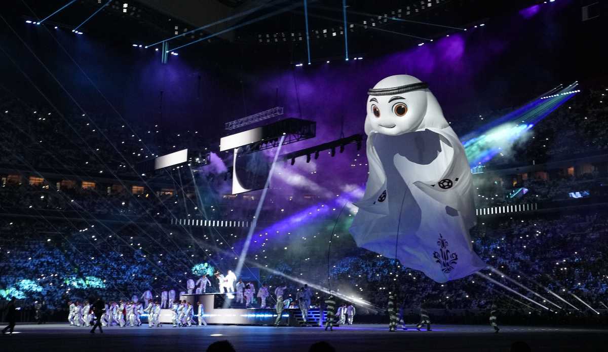 The mascot La'eeb is pictured at the opening ceremony prior he World Cup, group A soccer match between Qatar and Ecuador at the Al Bayt Stadium in Al Khor, Sunday, Nov. 20, 2022. (AP Photo/Natacha Pisarenko)