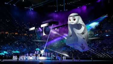 The mascot La'eeb is pictured at the opening ceremony prior he World Cup, group A soccer match between Qatar and Ecuador at the Al Bayt Stadium in Al Khor, Sunday, Nov. 20, 2022. (AP Photo/Natacha Pisarenko)