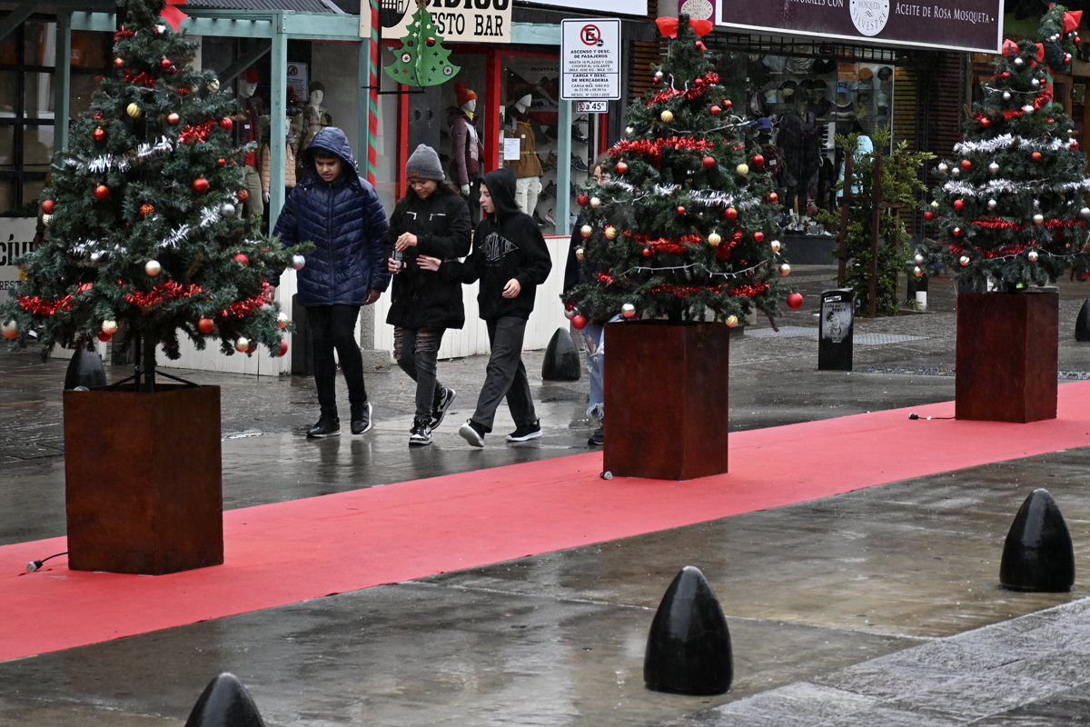 La calle Mitre ya tiene la alfombra roja y los pinos navideños y los turistas no huyen de la lluvia en Bariloche. Foto: Chino Leiva