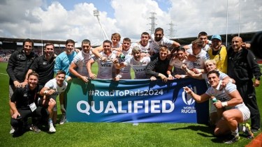 El festejo de Los Pumas tras meterse en los Juegos Olímpicos 2024.. Foto Olé