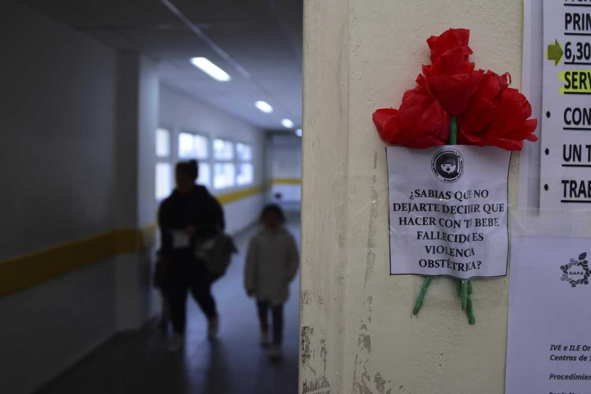 Flores rojas en Roca contra la violencia obstétrica en la Semana del Parto Respetado. Foto: Alejandro Carnevale