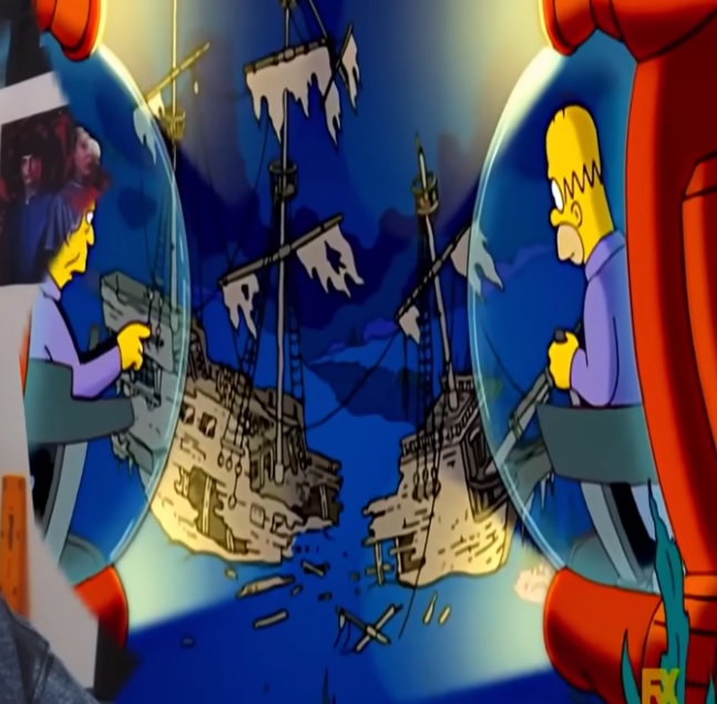 Homero bajando en submarino a ver los restos del Titanic en un capítulo de Los Simpson. 