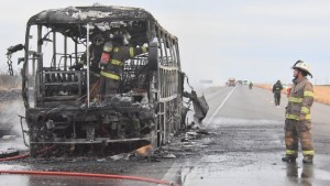 Un incendio devoró un colectivo en la Ruta 3, cerca de Puerto Madryn