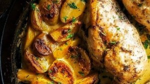 Pechugas rellenas, con papas y salsa de dijon para chuparse los dedos