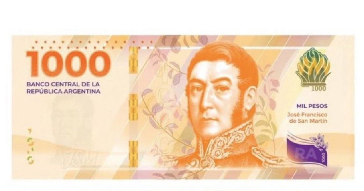 La imagen del billete de 1.000 pesos difundida por el BCRA. 