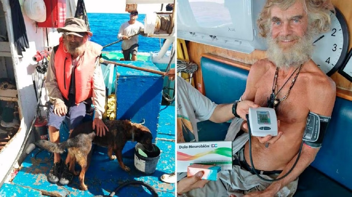 El marinero y su perra, tras ser rescatados por una embarcación mexicana. Foto: Gentileza El País. 