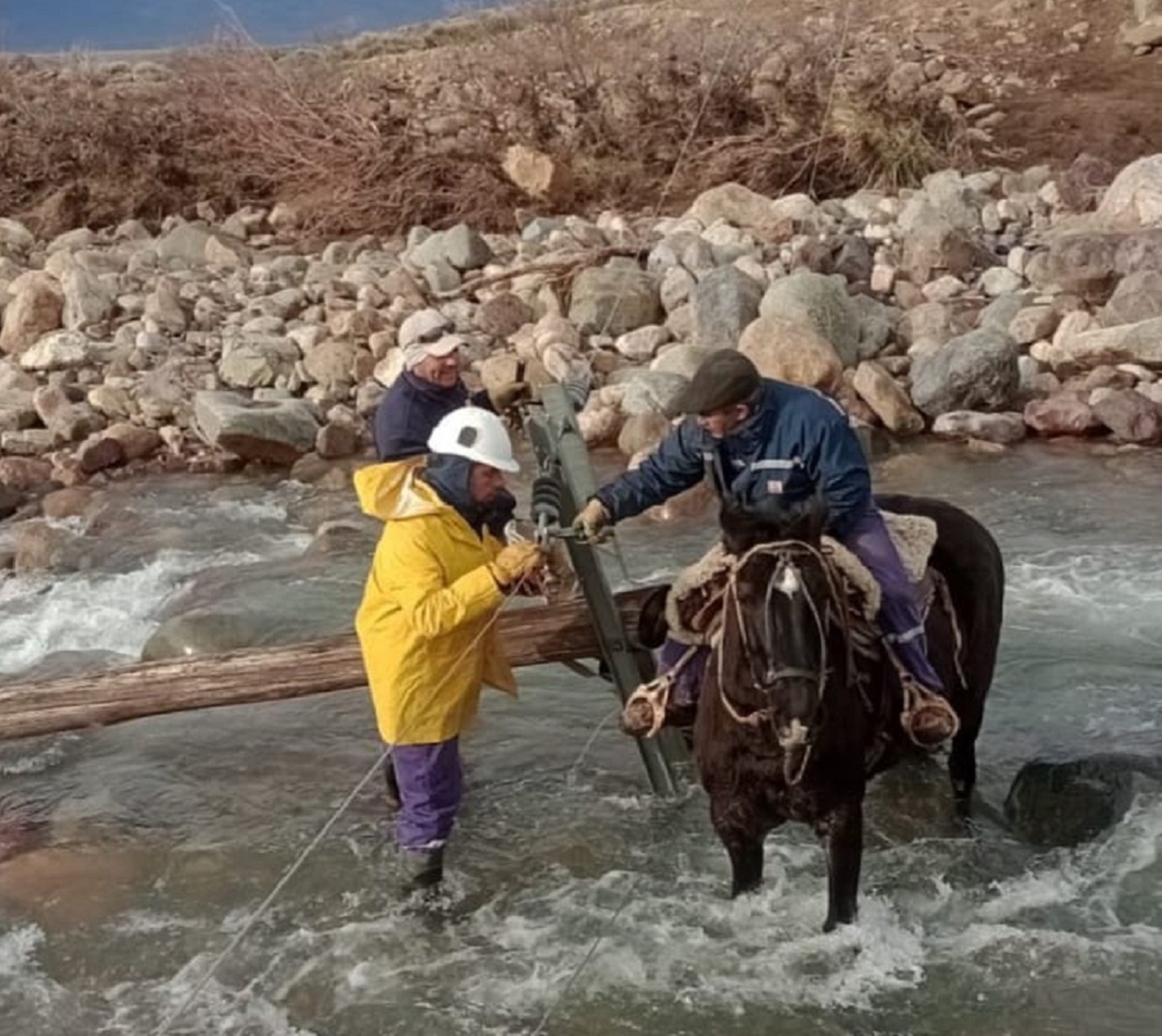 A caballo y con ayuda de crianceros, así reparan el tendido eléctrico en el norte de Neuquén, tras la crecida