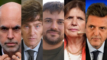 Elecciones 2023. Por orden alfabético, Horacio Rodríguez Larreta Larreta, Javier Milei, Juan Grabois, Patricia Bullrich y Sergio Massa.