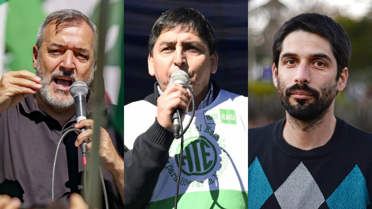 Rodolfo Aguiar (izquierda), candidato de la Lista Verde Anusate, y Carlos Quintriqueo (medio), líder del gremio en Neuquén, se enfrentan en las elecciones ATE 2023: el tercer candidato es Alejandro Lipcovich de Buenos Aires (izquierda). Foto Archivo.