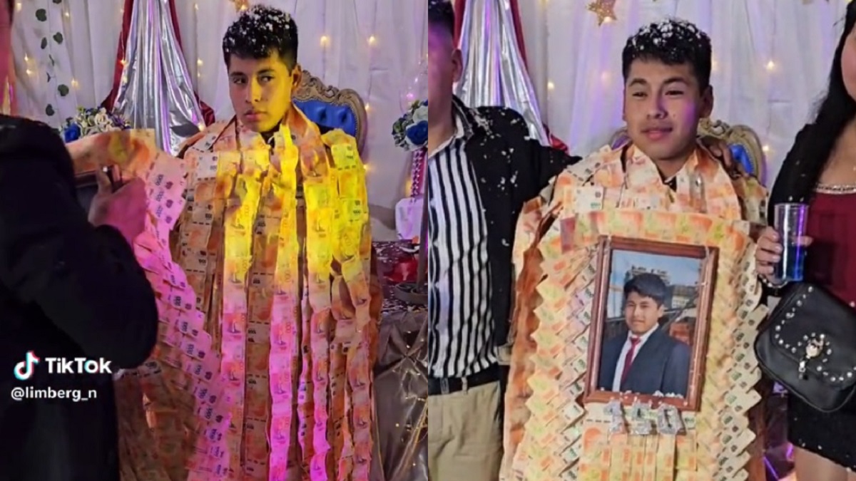 Cumplió 18 años y se volvió viral por un extraño festejo: se colgó una túnica con billetes de $1000