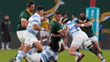 Los Pumas disputan su último partido en el país ante Sudáfrica. Luego partirán a jugar el Mundial. (AP Photo/Themba Hadebe)