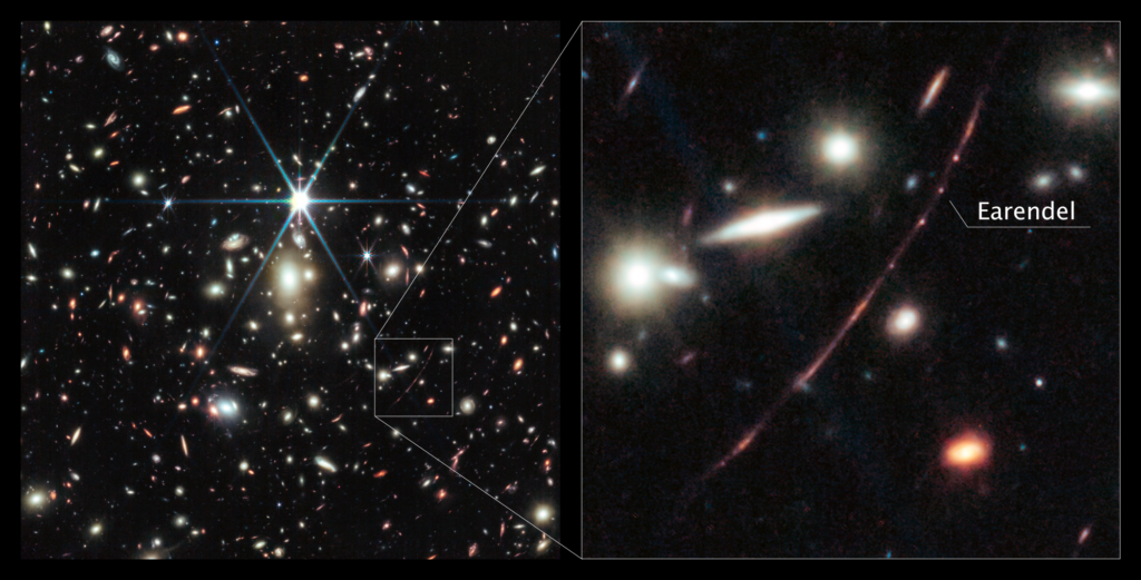 La imagen retrata un cúmulo de galaxias masivas llamado WHL0137-08 que contiene la galaxia Arco del Amanecer, y dentro de esa galaxia, la estrella más distante jamás detectada. Créditos: Imagen: NASA, ESA, CSA, D. Coe (STScI/AURA para ESA; Universidad Johns Hopkins), B. Welch (Centro de vuelo espacial Goddard de la NASA; Universidad de Maryland, College Park). Procesamiento de imágenes: Z. Levay.
