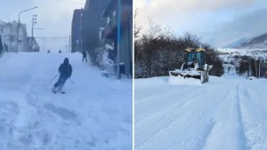 ¡Imparable!: un fuerte temporal de nieve azotó Ushuaia y decidió usar la calle como pista de esquí