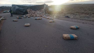 Un camión volcó en el ingreso a Villa El Chocón. Foto: Gentileza