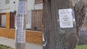 Empapelaron una calle de Regina pidiendo el arreglo de un caño cloacal: «No dejes a tu mascota acá, seguro se muere»
