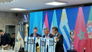 Tapia, Massa y Lammens presentaron el Mundial 2030 en el predio Lionel Messi.