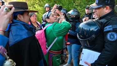 María Nahuel arremetió contra uno de los jefes del operativo de seguridad porque estaba furiosa por el cordón policial que impedía el ingreso al lugar donde está el rewe, en Villa Mascardi. (foto Alfredo Leiva)