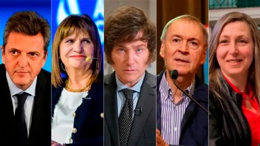 Candidatos presidenciales 2023: Sergio Massa, Patricia Bullrich, Javier Milei, Juan Schiaretti y Myriam Bregman. 