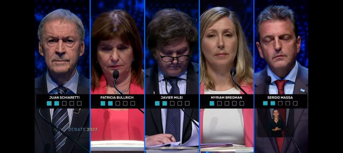 Sergio Massa, Javier Milei, Patricia Bullrich, Myriam Bregman y Juan Schiaretti se enfrentaron en el segundo debate presidencial. (Captura)