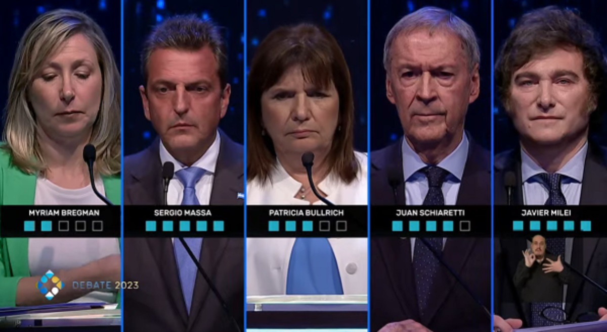 Sergio Massa, Javier Milei, Patricia Bullrich, Myriam Bregman y Juan Schiaretti se enfrentan en un debate presidencial. (Captura)