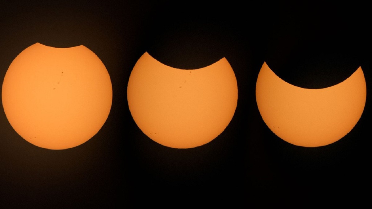 Fotografías del Sol parcialmente eclipsado tomadas desde el Centro Espacial Johnson de la NASA el 21 de agosto de 2017. Crédito: NASA/Noah Moran.