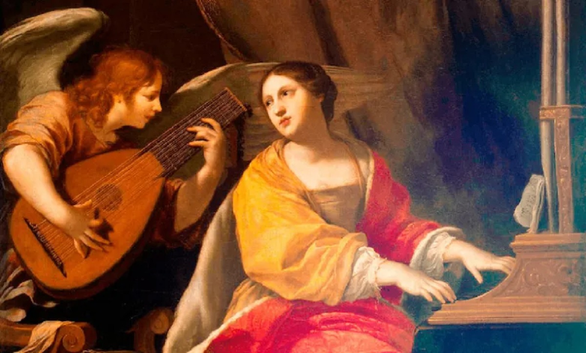 Santa Cecilia siempre es ilustrada con instrumentos y música a su alrededor.-