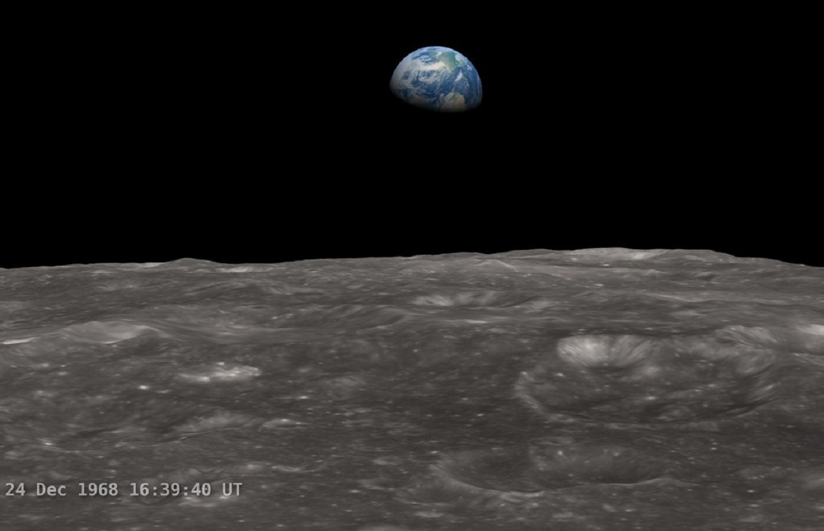 Simulación de lo que vio la tripulación del Apolo 8 cuando la Tierra se elevó sobre la Luna en 1968. (Créditos: NASA)