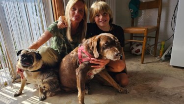 María, Benjamín y sus perras en su nueva casa. Fotos y videos: Gentileza María Coda @entrefiletenotcias