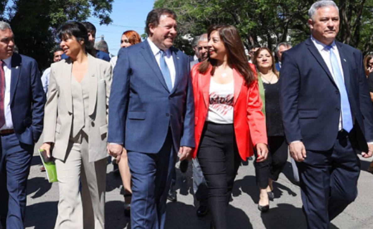 La gobernadora saliente, Arabela Carreras, caminó junto a Alberto Weretilneck para su ingreso a la Legislatura donde juró como gobernador. 