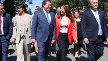 La gobernadora saliente, Arabela Carreras, caminó junto a Alberto Weretilneck para su ingreso a la Legislatura donde juró como gobernador. 