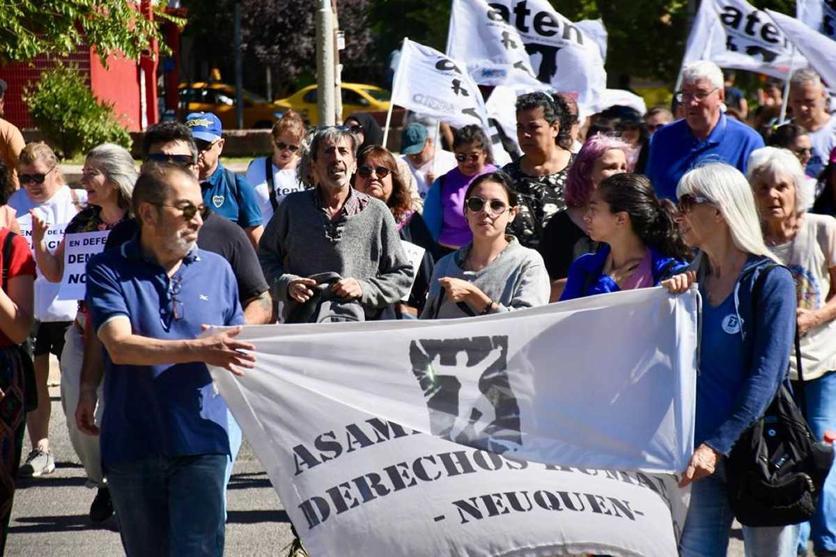 La abajo firmante, APDH Neuquén, en la marcha en contra del DNU de Milei. (foto Archivo Matías Subat)