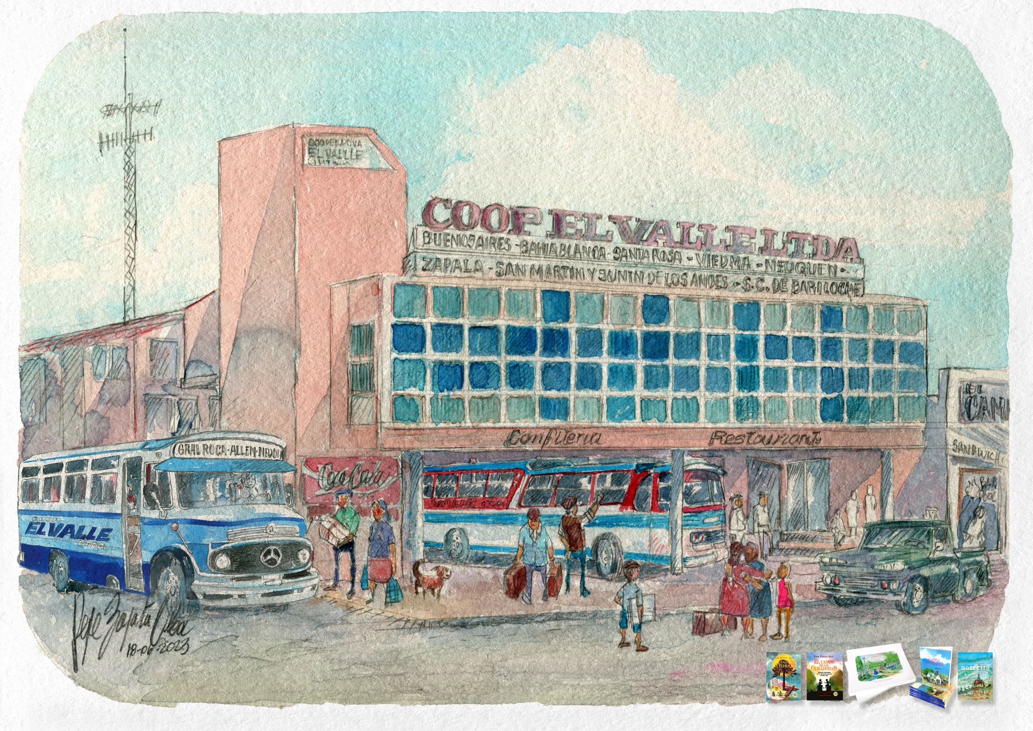 El dibujante y escritor Pepe Zapata Olea le dedicó una acuarela para reconstruir la fachada de la antigua terminal de Roca.