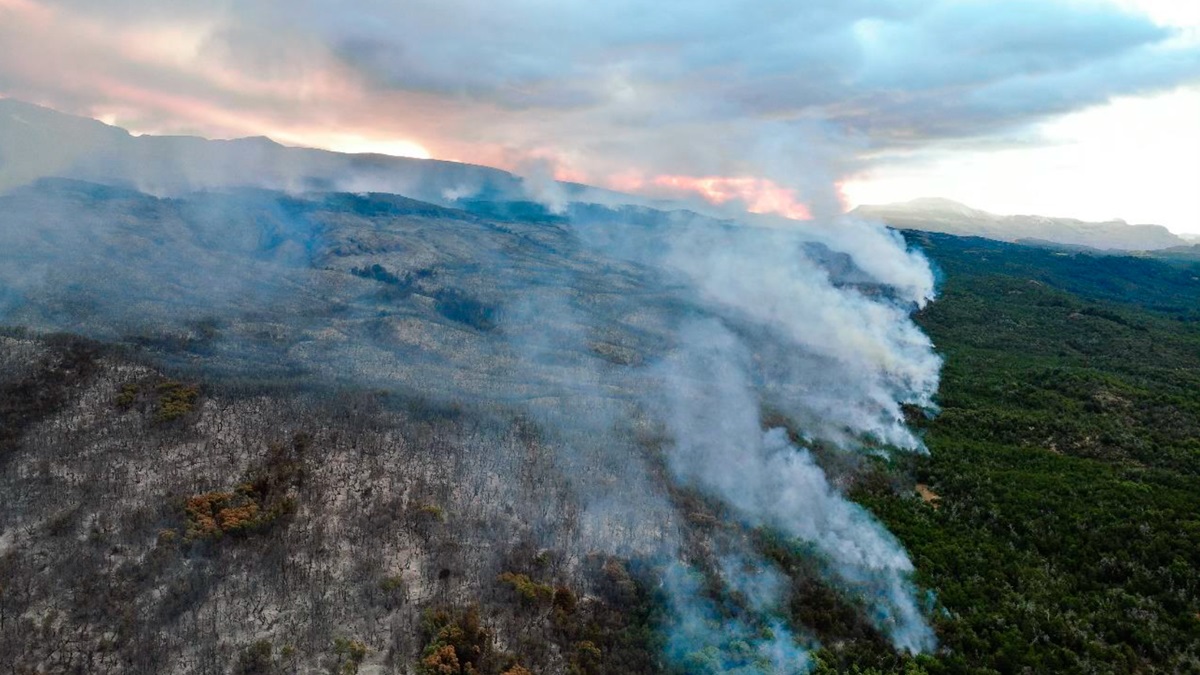 Brigadistas trabajan arduamente para contener el incendio forestal en el Parque Nacional Los Alerces, en Chubut. Foto Télam.