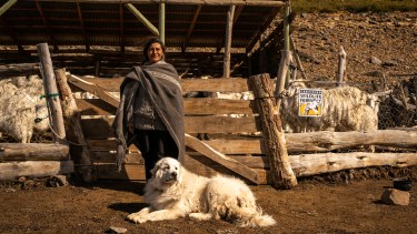 Isabel es productora de ovejas y cabras en Neuquén y cuenta con la ayuda de su perra protectora Pirén/ Crédito: Gregorio Ibañez
