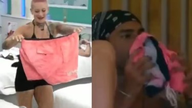 "Furia" se divirtió con los shorts de Lisandro, en la Casa de Gran Hermano.-