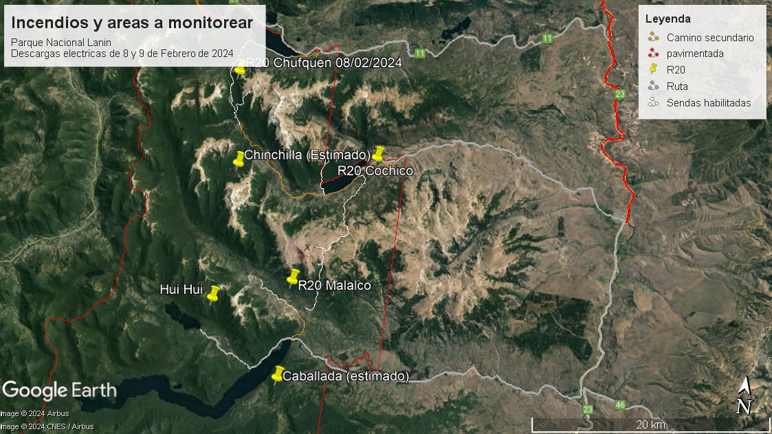 Mapa del incendio en Parque Nacional Laín, elaborado por el área técnica del ICE Lanín. 