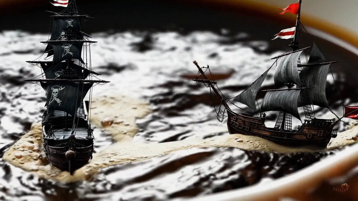 Primer plano de dos barcos piratas luchando entre sí mientras navegan dentro de una taza de café: ese fue el pedido para la creación del video.
