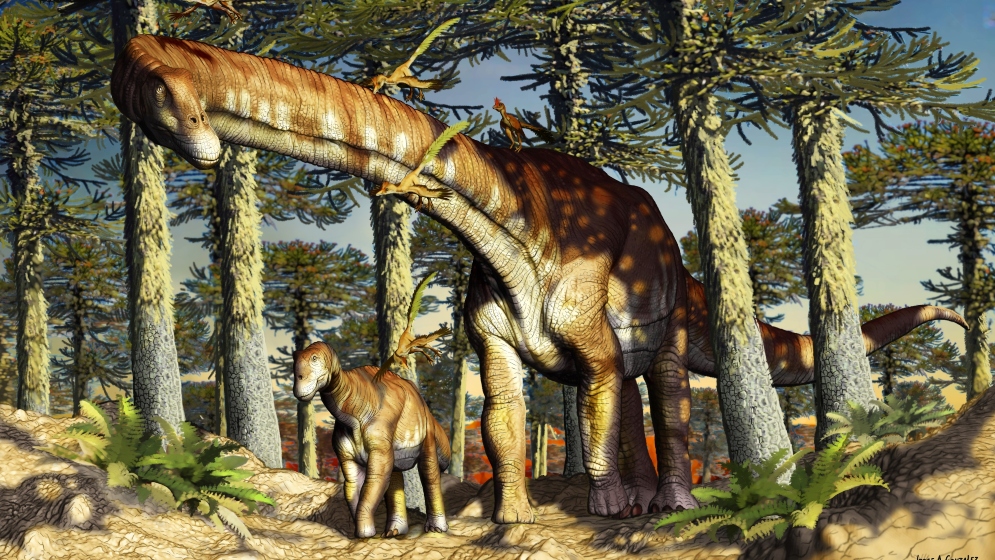 Hace 140 millones de años, el territorio actual de Neuquén estaba habitado por de dinosaurios de diferentes tamaños. Crédito: Jorge A. González / Fundación Azar
